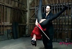 Blindfolded bruentte in red dress Claire Adams has bondage session