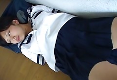 Japanese hussy Noah lays on the floor with hands cuffed