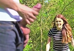 Kinky dark haired beauty Misha Cross performs stout BJ in the forest